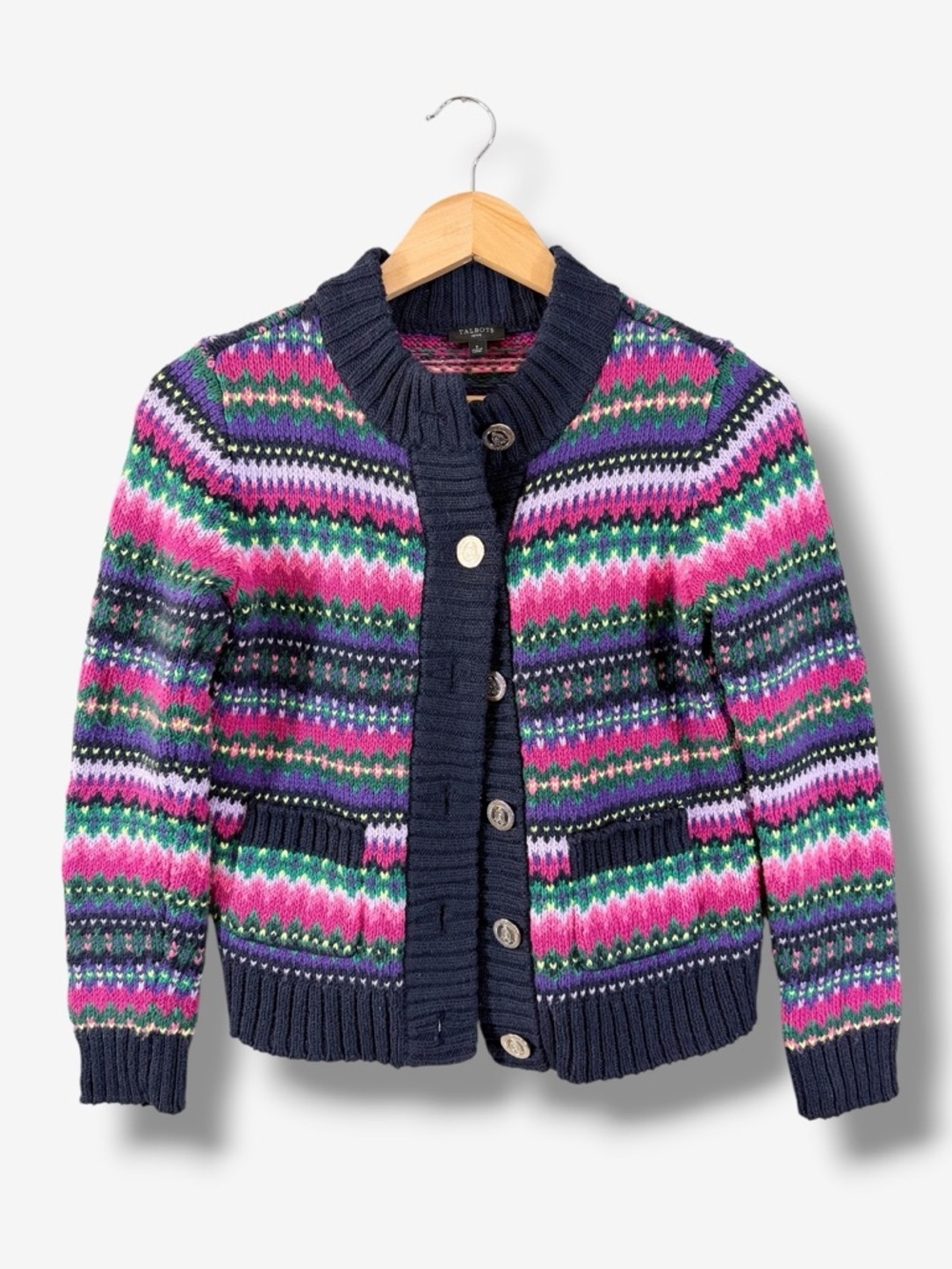 Talbots Fair Isle Cardigan PP (XSP) Blue Pink Mockneck Sweater Jacket Preppy